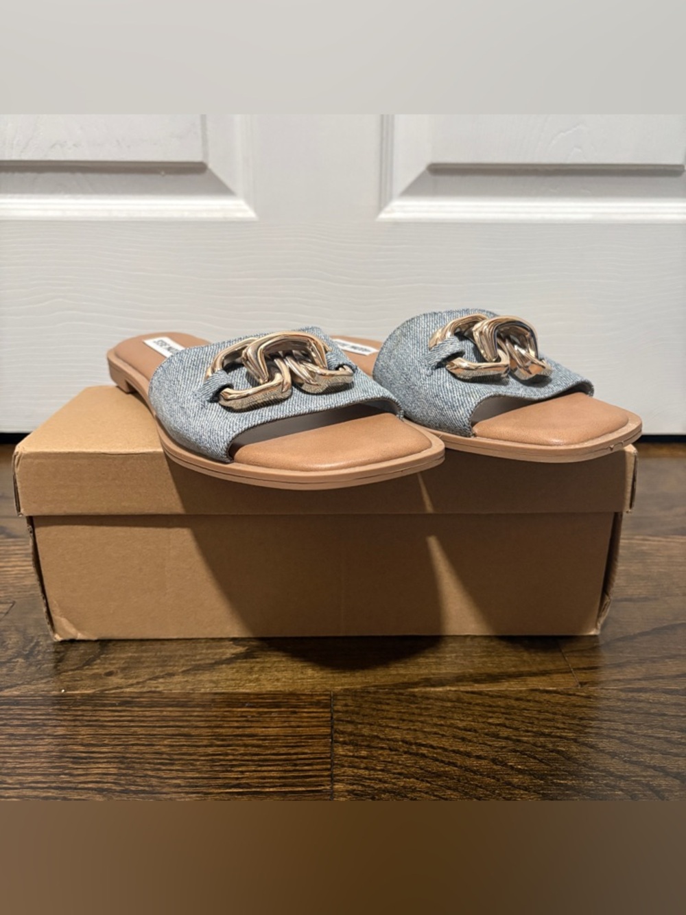 Steve Madden Light Blue Denim Slide Mules with Gold Chain Accent